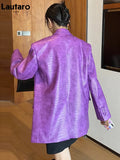 Autumn Oversized Shiny Purple Crocodile Pattern Faux Leather Blazer Women Long Sleeve Double Breasted Y2K Jacket