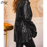 Sequin Open-Front Blazer Coat For Women Notched Lapels Jacket Tops 2023 Female Chic Party Outerwear