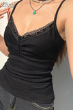Strap Y2K V Neck Lace Trim Black Crop Top Women Chic Folds Mini Camisole Fashion Basic Summer Tops Backless Knit