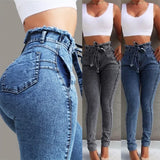 Waist Jeans For Women Slim Stretch Denim Jean Bodycon Tassel Belt Bandage Skinny Push Up Jeans Woman clothe 4XL