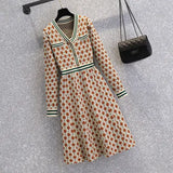 Women Autumn Winter Vintage Plaid Knitted Sweater Dresses 2023 V Neck Striped Patchwork Knitwear Mini Short
