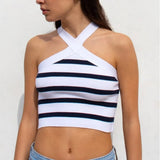 Summer New Striped Cross Hanging Neck Sexy Knitting Bottom Bra Wear Vest Women's
