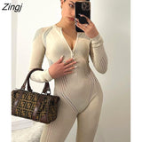 Knitted Deep V-neck Zipper Women Jumpsuit Khaki Long Sleeve Solid Jumpsuits Female Summer Bodycon Stretch Party