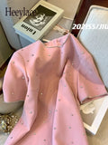 Mini Dresses For Women Luxury Diamond Pink Short Sleeve O Neck Dresses Office Ladies Elegant Slim Dresses Women