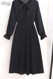 Women Dress Chiffon Elegant Vintage Bow Collar Long Sleeve Autumn Winter Midi Shirt Dresses 2023 Solid Slim Clothes