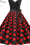 Dot Print Vintage Women Summer Dress Black Patchwork Sleeveless V neck Elegant Party Dresses Casual Robe