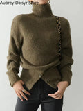 Pullover Sweater Women Irregular Button Design Knitted Sweater Female Korean Fashion Elegant Turtleneck Slit Pullover