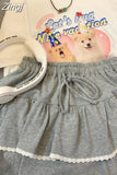 Japan Style Lace High Waist Ballet A-line Cake Skirt Y2k Sweet Women Drawstring Gray Folds Short Mini Faldas