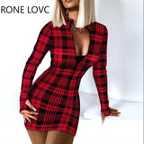 Women Elegant Long Finger Sleeves Zipper Collar Plaid Mini Sexy Bodycon Party Red