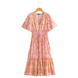 Queens Women Floral Print Tie Neck Beach Bohemian Maxi Dresses Ladies Rayon Cotton Boho Pleated Dress