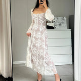 Zingj Gentle Wind Autumn And Winter Burst Of Lace Elegant Show Thin Temperament Fashion Square Collar Pure Desire Fish Tail Dress