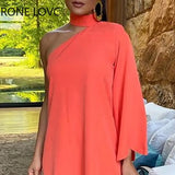 Women One Shoulder Ruffles Scallop Trim Irregular Dress Elegant Fashion Chic
