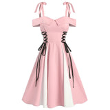 Women Party Dress Cold Shoulder Lace-Up Contrast Flare Dress Short Sleeves Casual Mini Dresses Robe