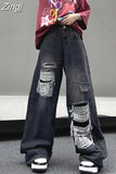 Vintage High Street Y2k Jeans Wide Leg Trousers Grunge Loose Straight Hip Hop Summer Women Denim Pants Hole
