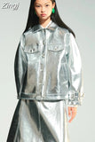 Spring Autumn Cool Silver Shiny Patent Faux Leather Jacket Women with Raglan Long Sleeve Luxury Designer Y2K