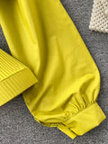 Women Yellow/Black/White Draped Ruffle Blouse Vintage Stand Collar Puff Long Sleeve Single Breasted Slim Blusas Female Tops