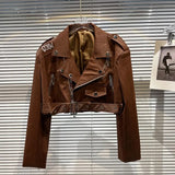 2022 Autumn Moto Style Embroidery Letters Black Bright Pu Faux Leather Jacket Women Coat Belt