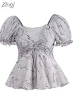 Waist Folds Summer Chemise Femme Short Length Puff Sleeve Shirts Y2k Women Vintage New Chinese Camisas Pullovers Crop