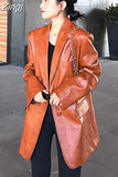 Autumn Oversized Shiny Purple Crocodile Pattern Faux Leather Blazer Women Long Sleeve Double Breasted Y2K Jacket