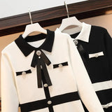 Women Beading Button Knitted Dress Plus Size Chic Autumn Black White Hit Color Pearl Bowknot Lapel Collar Sweater