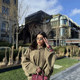 Spring New Women's Fashion Army Green Velvet Effect Short Long Sleeve Epaulets