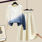 Women Autumn Winter Warm Knitted Two Pieces Sets Korean Long Sleeve Pullover Sweater Top And High Waist Knitting Skirts