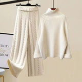 Warm 3 Piece Sets Womens Outfits Office Ladies Turtleneck Knitted Sweater+woolen Parkas Vest+wide Leg Knitting Pants