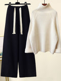 Winter Warm Knitted Suit Women Long Sleeve Half Turtleneck Knitting Sweater And Wide Leg Pants Sets Outer Wear Loose