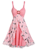 Women False Two Piece Dresses Feather Print O Ring Faux Twinset Dress Sleeveless Dresses Vintage Club