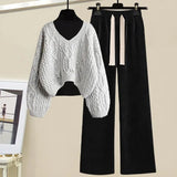 Winter 3 Piece Sets For Women Outfits Korean Casual Basic Top+hollow Out Knitted Sweater+drawstring Pant Sets Women