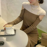 Winter Elegant Fashion Hollow Out Spliced Sweater Bodycon Dress Women Long Sleeve Vestidos De Fiesta Lady Casual