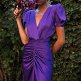 Women Solid Elegant V-neck Ruched Puff sleeves Midi Sexy Party Purple work