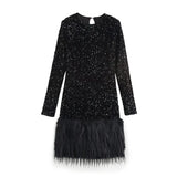 Women's Clothing Spring 2025 New Glit Decorative Feathers Spliced Long-Sleeved Mini