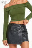 Off Shoulder Long Sleeve Tees Crop Tops Women Fall Spring Slash Neck Slim Fit Short T-Shirts Street Casual Base