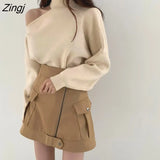 chic temperament Elegant Design thickening Sweater Sexy hollow open one shoulder Turtleneck pullover loose