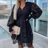 Hollow Out Long Sleeved Waist Office Dress New Spring Lace Patchwork Dress Chic Women O-neck Pearl Button Solid Mini