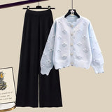 Winter Knit Sets Womens Outfits Korean Sweet Floral Knitted Cardigan And Wide Leg Pants Sets Ladies Elegant Knitting