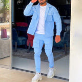 Solid Men 2-piece Set Fall Fashion Long Sleeve Lapel Single Breasted Coat And Long Work Pants Suit Men Pocket Sports