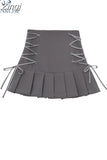 Waist Pleated Skirts For Women Bandage Short Grey Skirts Gothic Sexy Club Streetwear Casual Harajuku Mini Skirts