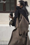 Autumn Winter Long Loose Stylish Warm Plaid Wool Blends Coat Women Sashes Luxury Designer Runway European Fashion