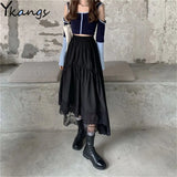 Academia 3-Layer Mesh Lace Tull Skirt Black Gothic Stitching Irregular Pleated Skirt Women White 2021 High Waist Long