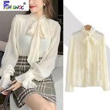 Tie Tops Women Korean Style Design Clothes Flare Sleeve Elegant Office Lady Cute Ribbon Sweet Basic Shirts Blouses