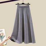 Knitted Two Piece Set Womens Outfits Korean Casual Turn Down Collar Long Sleeve Embroidery Knitted Sweater+skirts