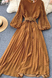 Vintage Yellow/Purple/Blue Polka Dot Chiffon Long Dress Women Elegant O-Neck Puff Sleeve Pleated Party Robe Female