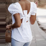 Women Square Neck Hollow-out Back Knot Bubble Sleeve Plain Blouse Women Summer