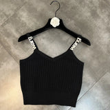 2022 Summer New Arrival Sleeveless Diamonds Letters Strapl V Neck Slim Knitted Vest Women Tank Top