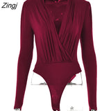 V Neck Brown Bodysuit Women Autumn Long Sleeve Top Bodies Sexy 2023 Female Overalls Casual Bodycon