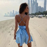 Satin Sexy Backless Sleeveless Party Mini Dresses Women Elegant V-Neck Bodycon Dress Spaghetti Straps Solid Slim