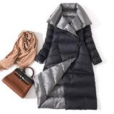 Women Double Sided Down Long Jacket Winter Turtleneck White Duck Down Coat Double Breasted Warm Parkas Snow