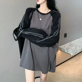 Streetwear Sweatshirt Women Striped Patchwork Oversized Pullover Korean Harajuku Letter Print Loose Casual Hoodies